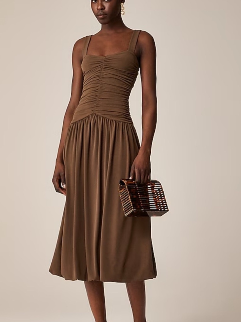 NWT J. Crew Drop Waist Brown Ruched Midi Dress Size M
